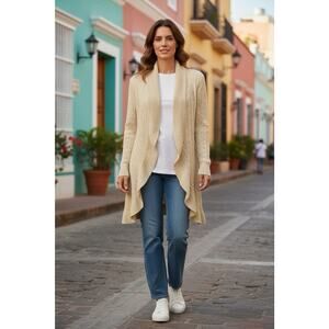 Lilly Pulitzer Cashmere Cable Knit Ruffle Long Cardigan Sweater •M• Ivory Gold